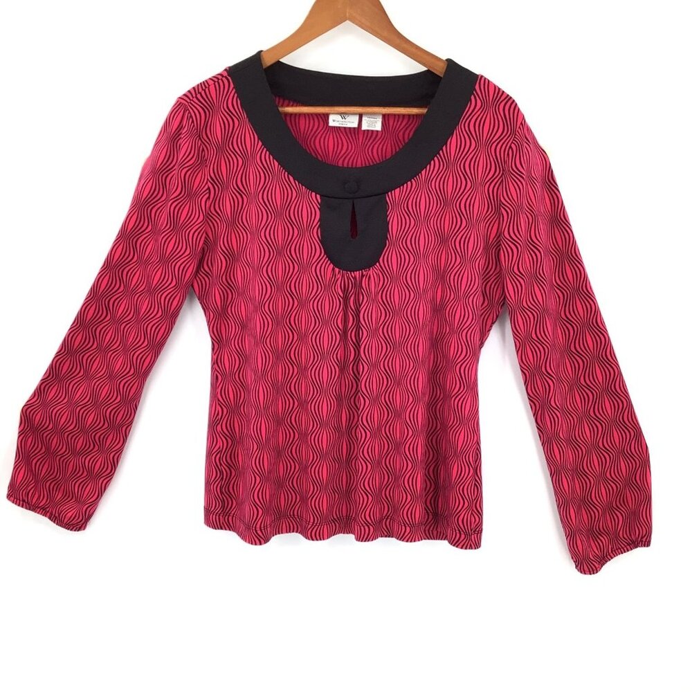 Worthington Women's Large Fuchsia Black Wavy Geometric Keyhole Stretch Top - Picture 1 of 5